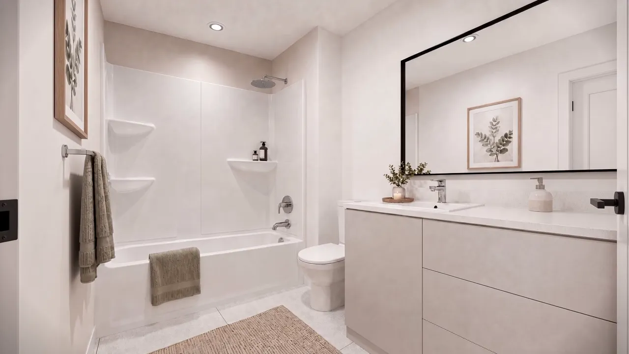 Salle de bain d'une unité Scola — douche-baignoire et grande vanité